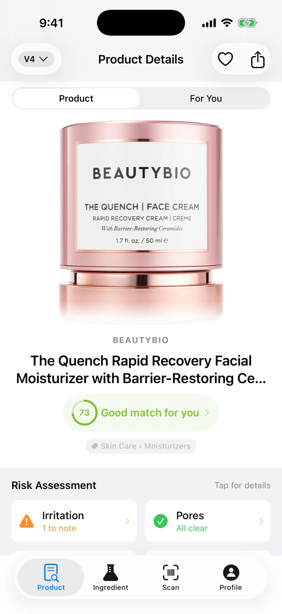 Celeiq product screen showing BeautyBio The Quench face cream